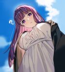  1girl ? admiralkeyes black_robe blue_sky blunt_bangs blush breasts buttons cloud cloudy_sky commentary dress fern_(sousou_no_frieren) from_below highres huge_breasts long_dress long_hair long_sleeves looking_at_viewer looking_down parted_lips partially_unbuttoned purple_eyes purple_hair purple_pupils robe sidelocks sky solo sousou_no_frieren straight_hair upper_body white_dress 
