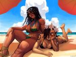  2girls absurdres alternate_costume asymmetrical_bangs barefoot beach beach_umbrella bikini black_bikini black_hair blue_hair blue_sky breasts brown_hair cleavage cloud cloudy_sky colored_tips commentary commission dark-skinned_female dark_skin dragona_joestar dreadlocks english_commentary ermes_costello eyewear_on_head feet_up green_bikini green_eyes grin hair_tubes hand_on_own_cheek hand_on_own_face hand_on_own_knee head_on_hand head_rest head_wreath highres jojo_no_kimyou_na_bouken knee_up large_breasts leg_tattoo long_hair looking_at_viewer lying multicolored_bikini multicolored_hair multiple_girls namnums ocean on_stomach outdoors parted_lips sand sandals shoulder_tattoo sitting sky smile stone_ocean sunglasses swimsuit tattoo the_jojolands the_pose two-tone_bikini two-tone_hair umbrella very_dark_skin yellow_bikini 