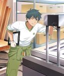  1boy :q box cable cardboard_box clipboard feet_out_of_frame game_cg gloves green_hair green_pants hattori_tatsuo holding holding_clipboard indoors katana leaning_forward looking_at_viewer machine male_focus official_art one_eye_closed pants plank shelf shirt short_hair solo sword third-party_source toji_no_miko toji_no_miko:_kizamishi_issen_no_tomoshibi tongue tongue_out weapon white_gloves white_shirt workshop yellow_eyes 