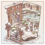  3girls :d animal beanie bird blonde_hair boots border chigu closed_eyes coat commentary_request day dog earmuffs hat highres multiple_girls open_mouth original outdoors outside_border pants scarf short_hair smile snow stairs standing torii tree twitter_username white_border winter winter_clothes 