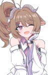  1girl ;d absurdres animal_ears ardelia_(arknights) arknights arknights:_endfield bare_shoulders brown_hair clothes_writing commentary curled_horns eyjafjalla_(arknights) grey_horns hair_between_eyes hair_ornament hairclip hand_on_own_cheek hand_on_own_face highres horns light_blush long_sleeves looking_at_viewer medium_hair one_eye_closed open_mouth purple_eyes risu_(risu028) sheep_ears sheep_girl sheep_horns simple_background smile solo white_background wide_sleeves 
