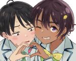  1boy 1girl black_hair blush bow bowtie brown_hair cheek-to-cheek clenched_teeth commentary_request dark-skinned_female dark_skin food-themed_hair_ornament fruit_hair_ornament fujimachi_masa green_bow green_bowtie green_necktie grin hair_ornament heads_together heart heart_hands heart_hands_duo jacket lemon_hair_ornament looking_at_viewer make_heroine_ga_oo_sugiru! necktie nukumizu_kazuhiko one_eye_closed parted_lips portrait school_uniform shirt simple_background smile sweat teeth tsuwabuki_high_school_uniform white_background white_jacket white_shirt wing_collar yakishio_lemon yellow_bow yellow_bowtie 