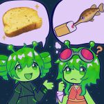  2girls :d ? ?? ahoge alien alternate_hair_color alternate_skin_color animated animated_gif antennae bread buttons chibi collar colored_skin commentary detached_collar double-breasted drill_hair english_commentary food frown gar_(fish) garlic_bread gnarpane_teto goggles goggles_on_head green_eyes green_hair green_skin green_trim grey_jacket grey_skirt gumi hand_up high_collar highres jacket kasane_teto kasane_teto_(sv) lapels licking loaf_of_bread long_sleeves looping_animation medium_hair multiple_girls orange_skirt orange_vest red_goggles sidelocks skirt sleeve_cuffs smile space speech_bubble spoken_object sporebug star_(sky) synthesizer_v talking thought_bubble twin_drills utau vest vocaloid white_collar white_wrist_cuffs wrist_cuffs 