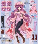  black_bow black_pantyhose blue_background blue_bow book boots bow breasts brown_boots capelet cleavage commentary_request covered_navel crescent crescent_hat_ornament full_body hair_bow hat hat_ornament highres holding holding_book large_breasts long_hair long_sleeves mob_cap namiki_(remiter00) no_bra no_panties pantyhose patchouli_knowledge pelvic_curtain pink_hat pointing_out_the_details purple_eyes purple_hair red_bow striped_background striped_clothes thighband_pantyhose touhou vertical-striped_background vertical-striped_clothes very_long_hair 