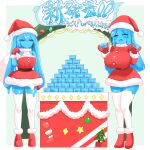  2girls blue_eyes blue_skin blue_tongue blush breasts christmas colored_skin colored_tongue commentary_request dress full_body fur-trimmed_dress fur-trimmed_headwear fur-trimmed_mittens fur_trim hair_between_eyes hat highres hikyou_takarasou holding holding_sack large_breasts liquid_hair long_hair looking_at_viewer medium_breasts mittens monster_girl multiple_girls open_mouth original parted_lips red_hat red_mittens sack santa_costume santa_dress santa_hat slime_(creature) slime_(substance) slime_girl standing thighhighs twintails white_thighhighs 