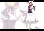  arm_behind_back bad_id bad_pixiv_id blonde_hair blue_eyes corset dress embellished_costume frills geike hat hat_ribbon letterboxed lips luize petticoat purple_eyes ribbon short_hair solo touhou touhou_(pc-98) zoom_layer 