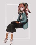  1girl animal_ears bag_on_lap black_bag black_headscarf brown_gloves brown_hair brown_socks closed_mouth coat commentary_request dated floral_print freckles full_body gloves green_coat grey_background grey_eyes headscarf high-waist_skirt highres inset_border limo_nine long_hair long_skirt looking_at_viewer open_clothes open_coat original pleated_skirt rabbit_ears rabbit_girl shoes signature sitting skirt socks solo sweater turtleneck turtleneck_sweater white_shoes white_sweater 