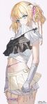  1girl black_shirt blonde_hair blue_eyes bluesky_username bow braid clothes_in_mouth commentary cowboy_shot frilled_thigh_strap garter_straps hair_bow hair_ornament heart heart_hair_ornament highres long_hair looking_at_viewer microskirt midriff mouth_hold multiple_braids navel original oto1_030 pleated_skirt shirt shirt_in_mouth short_sleeves simple_background single_garter_strap skirt sleeveless sleeveless_shirt solo spaghetti_strap standing symbol-only_commentary t-shirt thigh_strap twintails twitter_username white_arm_warmers white_background white_bow white_garter_straps white_shirt wispy_bangs yellow_skirt 