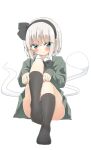  1girl black_bow black_bowtie black_hairband black_socks blush bow bowtie closed_mouth collared_shirt commentary_request dressing green_skirt green_sweater grey_hair hairband hitodama kneehighs konpaku_youmu konpaku_youmu_(ghost) long_sleeves looking_at_viewer medium_hair shirt shishiky simple_background skirt skirt_set socks solo sweater touhou vest white_background white_shirt 