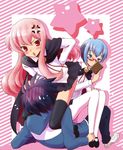  2girls :o anger_vein blue_hair cape glasses hiraga_saito long_hair louise_francoise_le_blanc_de_la_valliere multiple_girls naruse pantyhose pentacle pink_hair red_eyes short_hair straddling tabitha thighhighs zero_no_tsukaima 