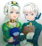  2girls alice_elliot asatsuki_kamo blue_eyes book braid closed_mouth color_connection commentary_request creator_connection crossover dress gloves hair_color_connection hairband holding holding_book holding_stuffed_toy long_hair long_sleeves looking_at_viewer multiple_girls open_mouth rebecca_streisand shadow_hearts short_hair simple_background smile stuffed_toy white_hair wild_arms wild_arms_5 