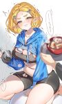  1girl 1other @_@ alternate_costume artist_name ball bare_legs barefoot bike_shorts black_bra black_shorts black_sports_bra blonde_hair blue_hoodie blush bowl bra braid breasts cleavage closed_mouth clothes_lift commentary_request contemporary crown_braid dumbbell exercise_ball exercising food food_request green_eyes hair_ornament highres holding holding_dumbbell hood hoodie hoodie_lift large_breasts long_sleeves muffin_top navel parted_bangs plump pointy_ears pout princess_zelda puffy_cheeks short_hair shorts shuri_(84k) sitting solo_focus sports_bra sweat the_legend_of_zelda the_legend_of_zelda:_tears_of_the_kingdom thick_eyebrows translation_request tray twitter_username underwear weights 