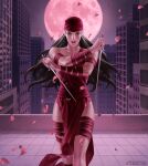  1girl bandana black_eyes black_hair building city commentary cowboy_shot dual_wielding elektra elektra_natchios english_commentary full_moon holding holding_weapon instagram_logo instagram_username long_hair looking_at_viewer marvel marvel_snap moon night official_art on_rooftop pelvic_curtain petals pink_moon pink_petals purple_sky red_bandana red_loincloth rooftop sai_(weapon) signature sky thigh_strap weapon western_comics_(style) yoon_junggeun 