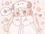  ! 1girl animal_hat blonde_hair blunt_bangs blush checkered_background coat commentary_request fingernails flipped_hair fur_coat hair_ribbon hands_up hat heart long_hair looking_at_viewer namiso_(necokawa_e) orange_ribbon original outline parted_lips pink_background ribbon sheep sheep_hat sidelocks solo star_(symbol) twintails upper_body white_coat white_outline yellow_eyes zipper 