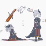  3girls ankle_boots arm_at_side arms_at_sides assault_lily belt black_belt black_boots black_bow black_bowtie black_horns black_jacket black_skirt blood blood_in_hair blood_on_clothes blood_on_face blood_on_hands blood_on_leg boots bow bow_(music) bowtie bridal_gauntlets brown_bridal_gauntlets buckle cake cake_slice commentary_request crying cup demon_horns faceless faceless_female food frilled_sleeves frills grey_background grey_hair hair_over_one_eye half_updo highres holding holding_weapon horns instrument jacket jewelry karasawa_aisa kasa_(kasa_mayulove) kneeling miniskirt multiple_girls multiple_views murakami_tokiwa necklace out_of_frame paper pendant pleated_skirt profile reaching reaching_towards_another sauce sekino_youko short_hair short_sleeves simple_background single_horizontal_stripe skirt snap-fit_buckle standing striped_clothes striped_skirt tea teacup tears translation_request violin waist_cape weapon 