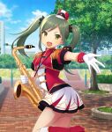  1girl :d blue_sky boots brick_road building cloud day dot_nose epaulettes flower flower_bed from_side game_cg gloves green_eyes green_hair hat holding holding_instrument holding_saxophone instrument knee_boots lamppost long_hair looking_at_viewer marching_band midriff_peek mini_hat mini_shako_cap nagae_futaba official_art outdoors outstretched_arm print_hat railing reaching reaching_towards_viewer red_boots red_hat saxophone shako_cap short_sleeves sidelocks skirt sky smile solo stairs standing standing_on_one_leg star_(symbol) star_print third-party_source toji_no_miko toji_no_miko:_kizamishi_issen_no_tomoshibi tree twintails twisted_torso white_gloves white_skirt yellow_flower 
