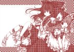  apron bad_id bad_pixiv_id barefoot bow checkered checkered_background hair_bow hair_tubes hakurei_reimu hat hat_bow kasuga_sunao kirisame_marisa long_hair midriff monochrome multiple_girls open_mouth plaid red red_string ribbon skirt skirt_set smile string touhou unmoving_pattern v_arms witch_hat 