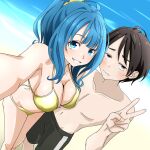  1boy 1girl ahoge beach bikini black_hair black_male_swimwear black_shorts blue_eyes blue_hair breast_press breasts brown_eyes cleavage closed_mouth collarbone commentary_request dutch_angle grin hand_up large_breasts make_heroine_ga_oo_sugiru! male_swimwear medium_hair navel nukumizu_kazuhiko ponytail ruri_(ruri_) scrunchie selfie short_hair shorts sidelocks small_sweatdrop smile swimsuit topless_male v yanami_anna yellow_bikini yellow_scrunchie 