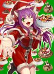  ahoge animal_ears beckoning bell belt boots bow bracelet cake dragon_maker fang food fruit green_eyes hair_bow hands hat high_heels highres jewelry kiwifruit long_hair matsui_hiroaki one_eye_closed outstretched_hand purple_hair santa_costume santa_hat shoes smile solo strawberry 