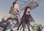  5girls aircraft black_skirt blue_sky breasts bullpup commentary_request dragunov_svd girls'_frontline green_eyes grizzly_mkv_(girls'_frontline) gun helicopter highres long_hair m950a_(girls'_frontline) multiple_girls open_mouth rifle skirt sky sniper_rifle svd_(girls'_frontline) tab_(tabkun) wa2000_(girls'_frontline) walther_wa_2000 weapon welrod_mkii_(girls'_frontline) 