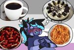 anthro asexual asexual_pride_colors beverage blush cake coffee coffee_mug container cup dessert digital_media_(artwork) felid feline female fingers food fur hair hi_res konofluff konofluff_(konofluff) lgbt_pride mammal meat meme multicolored_hair pasta pride_colors sausage simple_background smile solo spaghetti thought_bubble tongue two_tone_hair