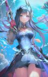  1girl aengdohwa black_hair black_thighhighs blue_eyes breasts closed_mouth commentary dress floating_hair gloves hand_up highres holding holding_sword holding_weapon honkai:_star_rail honkai_(series) hysilens_(honkai:_star_rail) long_hair looking_at_viewer parted_lips red_gloves see-through_body solo sword thighhighs underwater very_long_hair weapon 