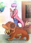  1boy bag baguette blue_pants bread brown_shoes closed_eyes closed_mouth commentary_request dachsbun dog door food from_side highres holding holding_bag jacket kotobukkii_(yt_lvlv) male_focus multicolored_hair open_clothes open_jacket ortega_(pokemon) pants paper_bag pink_eyes pink_hair pink_jacket plant pokemon pokemon_(creature) pokemon_sv potted_plant purple_hair shirt shoes short_hair smile two-tone_hair very_short_hair walking yellow_shirt 