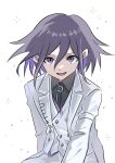  1boy absurdres black_shirt bs_(twst_with) buttons collared_shirt commentary_request danganronpa_(series) danganronpa_v3:_killing_harmony flipped_hair foreshortening formal_clothes hair_between_eyes highres jacket long_sleeves looking_at_viewer male_focus medium_hair oma_kokichi open_mouth pants partial_commentary purple_eyes purple_hair reaching reaching_towards_viewer shirt simple_background smile solo sparkle suit upper_body white_background white_jacket white_suit 