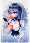  1girl 2boys absurdres black_dress blue_hair blue_nails blunt_bangs breasts celestia_(pita-potato) cleavage closed_mouth commentary cropped_torso cum cum_on_body cum_on_breasts dress gem hetero highres holding holding_phone jewelry large_breasts long_hair multiple_boys necklace original penis phone pita-potato shirt white_shirt 
