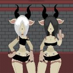 1:1 3_fingers anthro big_breasts black_clothing black_hair black_horn black_nose black_pubes breasts brick_wall clothing duo female fingers flat_chested hair hand_on_hip hi_res horn mohrta navel pube_peek pubes raised_finger sibling_(lore) sister_(lore) sisters_(lore) stitched_body surgical_suture therealmessyroomguy1 unknown_species wall_(structure) watermark white_hair white_pubes