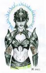  1girl armor black_armor black_sclera blue_eyes boobplate clawed_gauntlets cleavage_cutout clothing_cutout colored_pencil_(medium) colored_sclera colored_skin commentary dark_seducer_(mazken) dated facing_viewer green_skirt grey_skin helmet long_fangs looking_at_viewer midriff shoulder_armor skirt solo sunburst temptatio the_elder_scrolls the_elder_scrolls_iv:_oblivion traditional_media upper_body white_background 