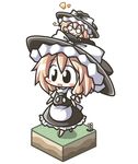  :d aoblue apron black_dress blonde_hair blush bow chibi chibi_on_head dress dual_persona faux_figurine flower hat hat_bow kirisame_marisa multiple_girls o_o on_head open_mouth smile touhou waist_apron white_bow witch_hat 