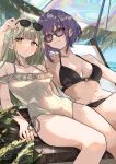  2girls arm_around_shoulder arm_up arms_at_sides bang_dream! bang_dream!_it's_mygo!!!!! bare_arms bare_shoulders beach_umbrella bikini black-framed_eyewear black_bikini blunt_bangs breasts brown-framed_eyewear casual_one-piece_swimsuit chair closed_mouth collarbone commentary_request cowboy_shot day eyewear_on_head frilled_one-piece_swimsuit frills green_hair groin halterneck hand_on_another's_head heads_together highres horizon houji_tea_latte long_hair looking_at_viewer lounge_chair medium_breasts multiple_girls navel o-ring o-ring_bikini o-ring_top ocean on_chair one-piece_swimsuit orange_eyes outdoors palm_tree plant purple_hair reclining short_hair side-by-side side-tie_one-piece_swimsuit simple_background sparkle stomach sunglasses swimsuit transparent transparent_umbrella tree tree_shade umbrella wakaba_mutsumi water yellow_eyes yuutenji_nyamu 