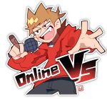  1boy absurdres antenna_hair bandage_on_cheek black_eyes brown_hair cigar cropped_legs drawstring eddsworld english_text fang fewer_digits flipped_hair friday_night_funkin' grey_pants hair_behind_ear hair_ears halftone highres holding holding_cigar holding_microphone hood hood_down hoodie jitome long_sleeves looking_ahead male_focus microphone open_mouth outline outstretched_hand pants red_hoodie short_hair signature simple_background smile solo standing thick_lineart toon_(style) tord_(eddsworld) white_background white_outline yasunoe0 