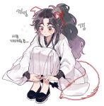  1boy animal_ears black_hair black_shoes blush brown_eyes chinese_clothes commentary_request curly_hair curtained_hair dog_boy dog_ears dog_tail drawn_ears drawn_tail fluffy_hair flying_sweatdrops from_above hair_ribbon hamkong_0311 hanfu highres hugging_own_legs knees_up korean_commentary korean_text long_hair looking_down luo_binghe male_focus outline own_hands_together parted_bangs pink_outline ponytail raised_eyebrows red_ribbon renzha_fanpai_zijiu_xitong ribbon shoes sidelocks simple_background sitting solo sweatdrop tail very_long_hair white_background white_hanfu wide_sleeves 