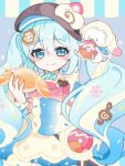  >_< 1girl apron aqua_eyes aqua_hair beret blush brown_hat character-themed_food closed_mouth commentary_request cookie_hair_ornament detached_sleeves food-themed_hair_ornament frilled_apron frills fur-trimmed_sleeves fur_trim hair_between_eyes hair_ornament hat hatsune_miku highres long_hair looking_at_viewer necktie official_alternate_costume official_alternate_hairstyle pink_necktie puffy_short_sleeves puffy_sleeves rabbit_yukine short_sleeves smile twintails uon_shil upper_body very_long_hair vocaloid white_apron wide_sleeves yuki_miku yuki_miku_(2026) 