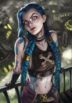  1girl absurdres arm_tattoo bare_shoulders blue_hair braid closed_mouth commentary english_commentary highres jinx_(league_of_legends) league_of_legends long_hair looking_at_viewer navel pink_eyes smile solo stomach_tattoo tattoo tofusenshiart twin_braids 