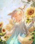  1girl absurdres animal_ear_fluff animal_ears arknights blue_hairband blue_skirt buttons cardigan chinese_commentary closed_mouth commentary_request cowboy_shot day flower frilled_hairband frills green_eyes hairband highres long_sleeves lotosqian multiple_tails official_alternate_costume open_cardigan open_clothes orange_ribbon outdoors partial_commentary ribbon shirt skirt smile solo standing sunflower suzuran_(arknights) suzuran_(spring_praise)_(arknights) tail white_cardigan white_shirt wind yellow_flower 