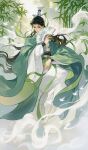  1boy absurdres al_(ahr) bamboo bamboo_forest bamboo_print bindi bird black_hair blue_gem chinese_clothes closed_mouth commentary_request covering_face curtained_hair dappled_sunlight floating_clothes floating_hair forest full_body furisode_sleeves gem green_eyes green_robe half_updo hand_fan hanfu highres holding holding_fan knees_up light_particles long_hair long_sleeves looking_up male_focus nature outdoors raised_eyebrow renzha_fanpai_zijiu_xitong ribboned_xiao_guan robe shen_qingqiu smile solo sunlight very_long_hair white_bird white_hanfu 