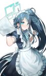  1girl absurdres aqua_eyes aqua_halo aris_(blue_archive) aris_(maid)_(blue_archive) blue_archive blue_eyes cleaning commentary_request cowboy_shot halo highres korean_commentary long_hair looking_at_viewer maid maid_headdress rain side_ponytail smile solo walking_nakta 