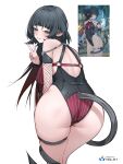  1girl absurdres animal_ears ass black_hair black_one-piece_swimsuit breasts fishnet_sleeves fishnets from_behind game_screenshot_inset green_eyes highres jane_doe_(nocturne_of_light)_(zenless_zone_zero) jane_doe_(zenless_zone_zero) large_breasts leaning_forward leather_leotard long_hair looking_at_viewer mouse_ears mouse_girl mouse_tail nisp_art official_alternate_costume one-piece_swimsuit red_one-piece_swimsuit screenshot_inset sharp_tail simple_background solo swimsuit tail two-tone_one-piece_swimsuit v white_background zenless_zone_zero 
