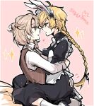  2boys aether_(genshin_impact) albedo_(genshin_impact) animal_ears apron blonde_hair braid braided_ponytail commentary_request crossdressing crossdressing_(mtf) face-to-face fake_animal_ears genshin_impact green_eyes hug imminent_kiss kkaiju maid maid_apron maid_headdress male_maid multiple_boys rabbit_ears sitting sitting_on_lap sitting_on_person trap vest yaoi 
