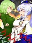  &gt;:) anger_vein bare_shoulders blush breast_contest breast_hold breast_press breasts confrontation crossed_arms detached_sleeves dress eye_contact face-to-face fire green_dress green_hair grey_eyes hat japanese_clothes large_breasts long_hair looking_at_another mononobe_no_futo multiple_girls no_bra open_mouth ponytail puffy_sleeves roki_(hirokix) shiny shiny_skin sideboob sideways_mouth silver_hair skirt smile soga_no_tojiko surcoat sweatdrop symmetrical_docking tate_eboshi touhou v-shaped_eyebrows wide_sleeves 