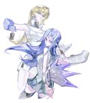  2girls bare_shoulders black_thighhighs blue_gloves blue_hair breasts brown_hair card commentary cowboy_shot dress duel_academy_uniform_(yu-gi-oh!_gx) duel_disk fingerless_gloves gloves highres holding holding_card kamishiro_rio long_hair miniskirt mnshan3976391 multiple_girls scouter shirt skirt symbol-only_commentary tenjouin_asuka thighhighs trading_card white_dress yu-gi-oh! yu-gi-oh!_gx yu-gi-oh!_zexal 