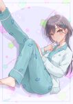  1girl absurdres aqua_pajamas aqua_pants aqua_shirt barefoot black_hair cardigan collarbone collared_shirt commentary_request hair_ornament highres jellyfish_cut katsuragi_izumi katsuragi_izumi_(sega_lucky_lottery_sleepwear) knees_up kobassy link!_like!_love_live! long_hair long_sleeves looking_at_viewer love_live! open_cardigan open_clothes orange_eyes pajamas pants shirt signature slit_pupils solo star_(symbol) star_symbol_background triangle_hair_ornament virtual_youtuber white_cardigan 