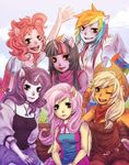  animal_ears arm_warmers bare_shoulders cowboy_hat fingerless_gloves fluttershy friends fringe_trim furry gloves hat horn jewelry multicolored_hair multiple_girls my_little_pony my_little_pony_friendship_is_magic necklace one_eye_closed pale_skin personification pinkie_pie portrait rainbow_dash rarity reituki twilight_sparkle wings 