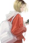 1boy azimu_yukita backpack bag black_hair blonde_hair cellphone closed_mouth commentary_request haikyuu!! highres holding holding_phone hood hoodie incoming_call jacket kozume_kenma looking_at_viewer male_focus multicolored_hair phone red_jacket roots_(hair) short_hair simple_background smartphone solo two-tone_hair white_background white_bag white_hoodie 