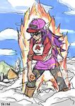  baseball_cap berujaman boots breasts clothes_writing collateral_damage crossover dr._slump dragon_ball dragon_ball_(object) glasses gloves hat head_wings holding knee_boots long_hair long_sleeves medium_breasts norimaki_arale older pantyhose powering_up purple_eyes purple_hair raglan_sleeves single_glove sketch skirt solo torn_clothes torn_legwear 