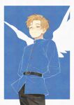  1boy belt black_belt black_pants blonde_hair blue_jacket border buttons chi.:_chikyuu_no_undou_ni_tsuite closed_eyes closed_mouth jacket kadeart male_focus outside_border pants rafal_(chi.) short_hair smile solo white_border wings 