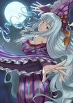  bow breasts bridal_gauntlets from_behind full_moon hair_bow highres idolmaster idolmaster_(classic) inu_(aerodog) large_breasts long_hair looking_at_viewer looking_back moon night night_sky outstretched_hand red_eyes shijou_takane silver_hair sky smile solo wide_sleeves 